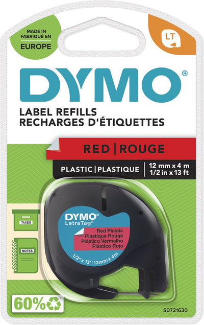 Étiquettes en plastique originales Dymo letratag | impression noire sur étiquettes rouges | 12 mm x 4 m | étiquettes multifonctions auto-adhésives pour imprimantes d'étiquettes letratag | fabriqué en europe