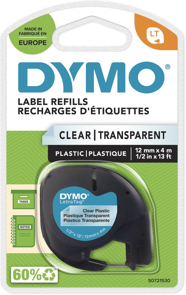 Étiquettes en plastique originales Dymo letratag | impression noire sur étiquettes transparentes | 12 mm x 4 m | étiquettes multifonctions auto-adhésives pour imprimantes d'étiquettes letratag | fabriqué en europe