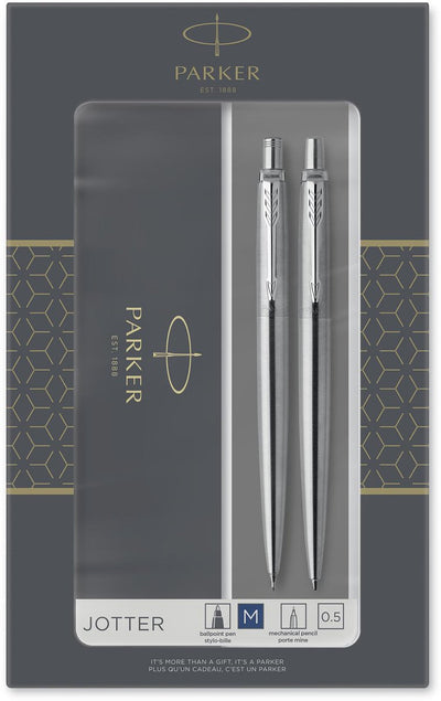 Coffret cadeau Parker Jotter Duo stylo à bille et porte-mine (0,5 mm) - encre bleue - acier inoxydable finition chromée