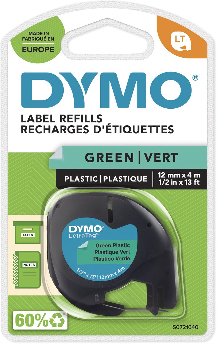 Étiquettes en plastique originales Dymo letratag | impression noire sur étiquettes vertes | 12 mm x 4 m | étiquettes multifonctions auto-adhésives pour imprimantes d'étiquettes letratag | fabriqué en europe