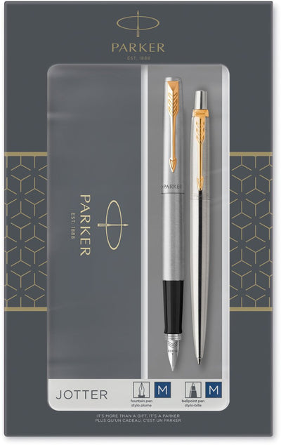 Coffret cadeau Parker Jotter Duo avec stylo à bille et stylo plume | acier inoxydable avec garniture dorée | recharge et cartouches d'encre bleue | emballage cadeau