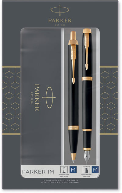 Coffret cadeau Parker im duo avec stylo à bille et stylo plume | noir brillant avec bord doré | recharge et cartouche d'encre bleue | emballage cadeau
