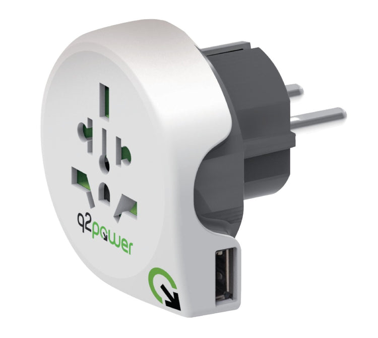 Q2 Power Q2 1,100110 Adaptateur de voyage USB du monde à l'Europe mis à la terre