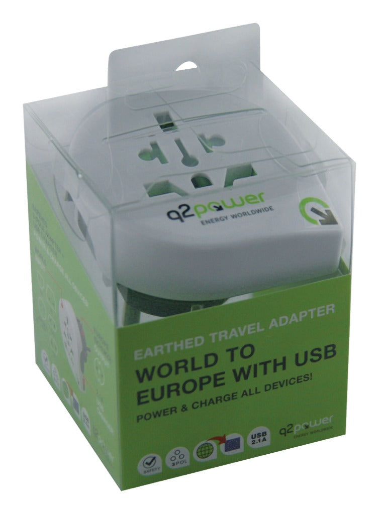 Q2 Power Q2 1,100110 Adaptateur de voyage USB du monde à l'Europe mis à la terre