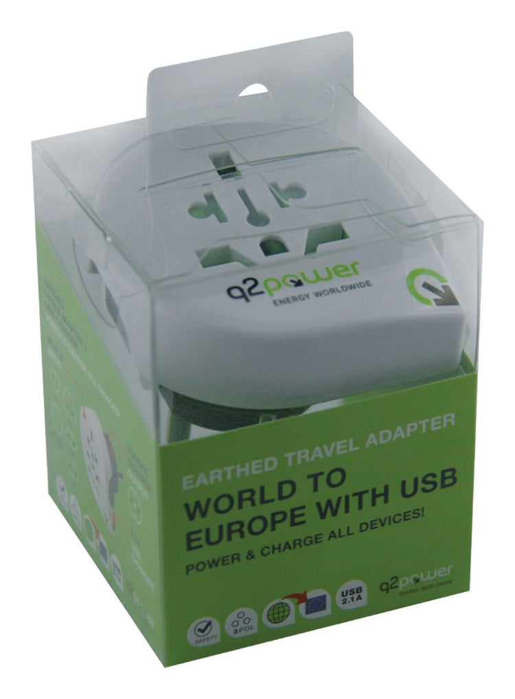 Q2 Power Q2 1,100110 Adaptateur de voyage USB du monde à l'Europe mis à la terre