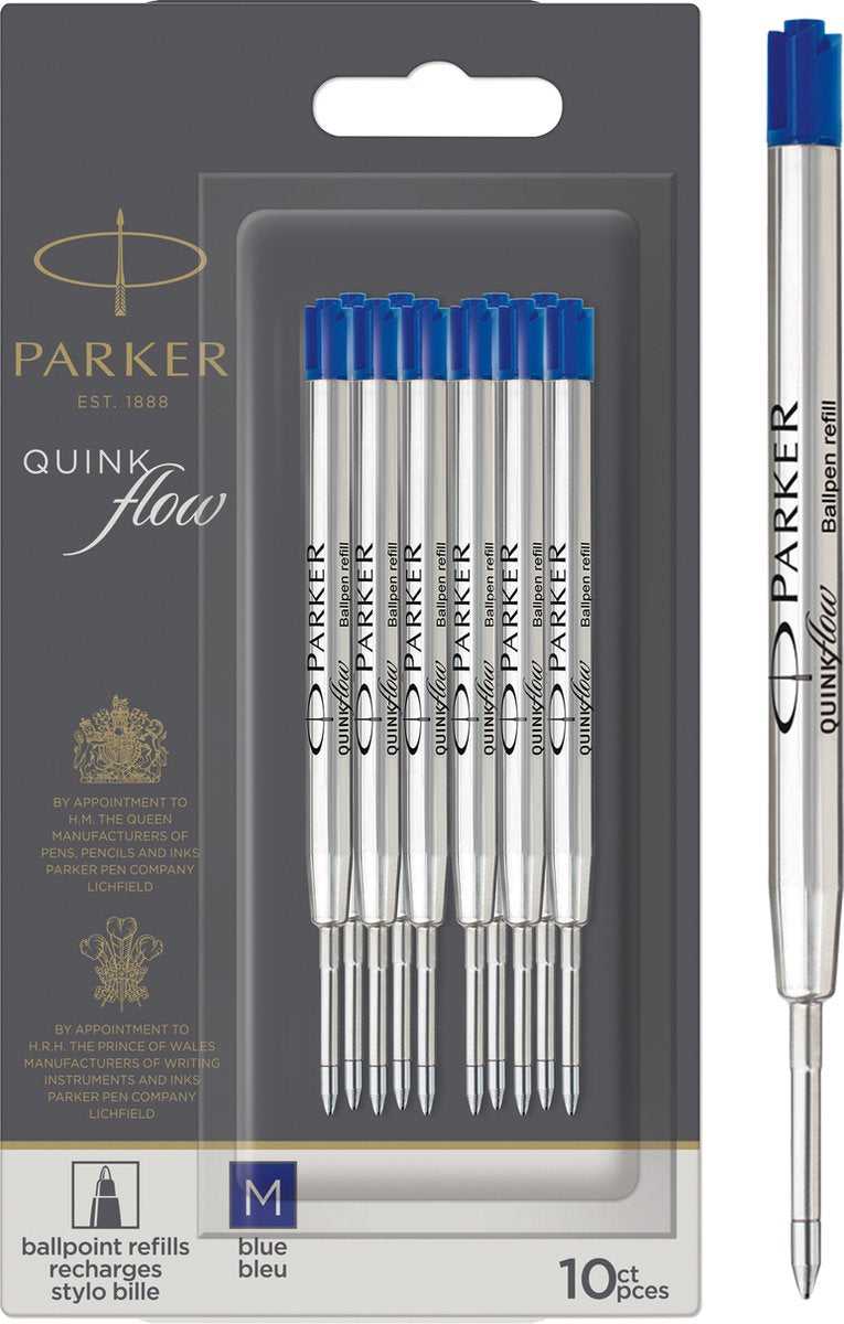 Recharge pour stylo à bille Parker - pointe moyenne - encre bleue Quinkflow - 10 pièces