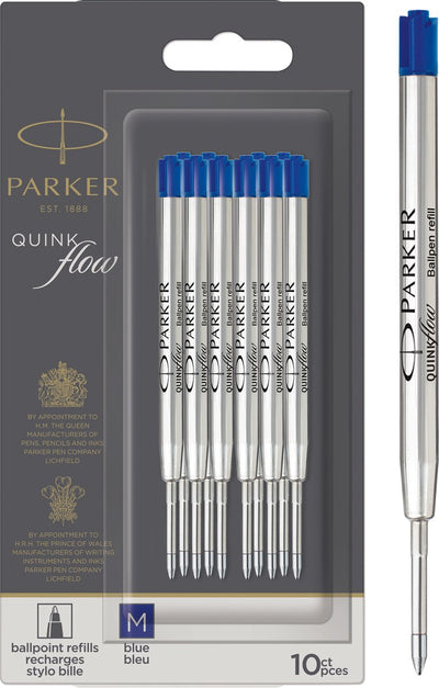 Recharge pour stylo à bille Parker - pointe moyenne - encre bleue Quinkflow - 10 pièces