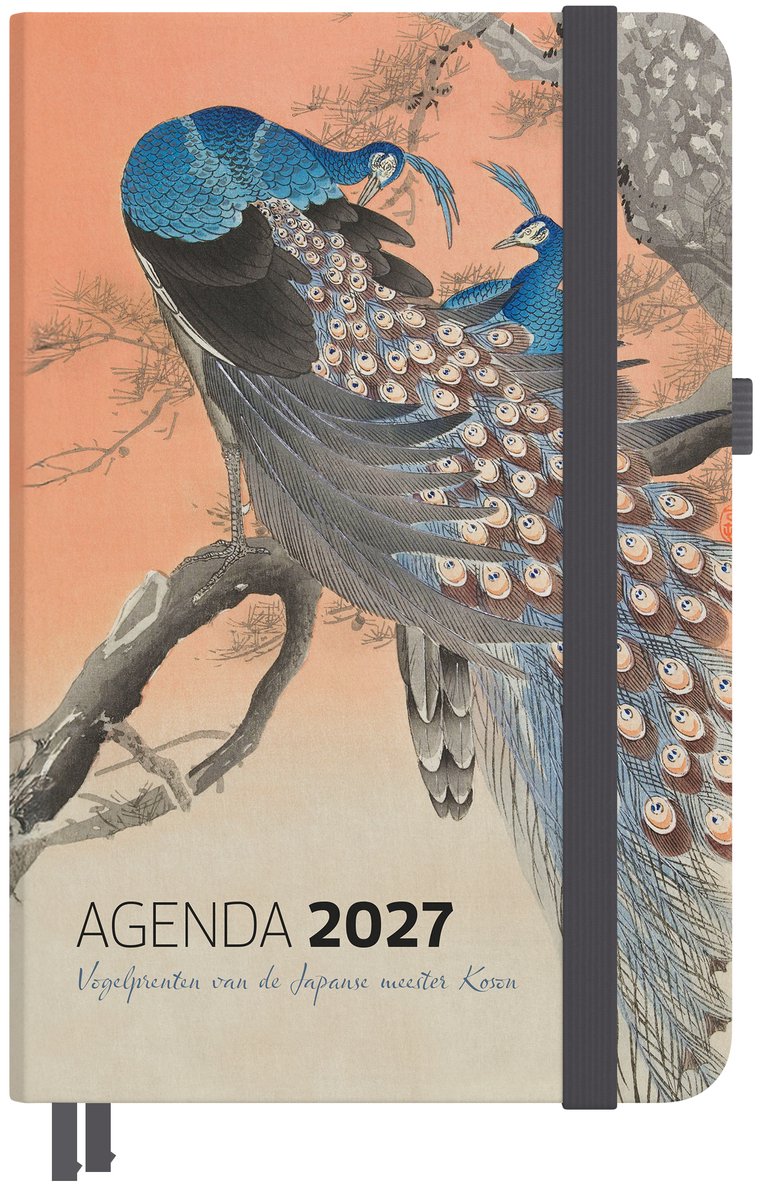 Agenda 2027 Studio colori - imprimés d'oiseaux du maître japonais Koson - 12,5x17,5 cm - avec passant pour stylo, rubans de lecture, fermeture élastique et compartiment pour documents - cadeau 4 cartes postales offert