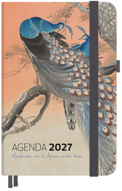 Agenda 2027 Studio colori - imprimés d'oiseaux du maître japonais Koson - 12,5x17,5 cm - avec passant pour stylo, rubans de lecture, fermeture élastique et compartiment pour documents - cadeau 4 cartes postales offert
