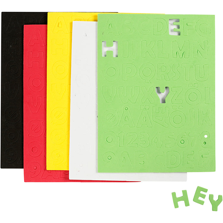 Creativ company lettres et chiffres en mousse eva, feuille 15x21 cm, taille 2-2,3 cm, épaisseur 2 mm, différentes couleurs, 5 feuilles 1 boîte