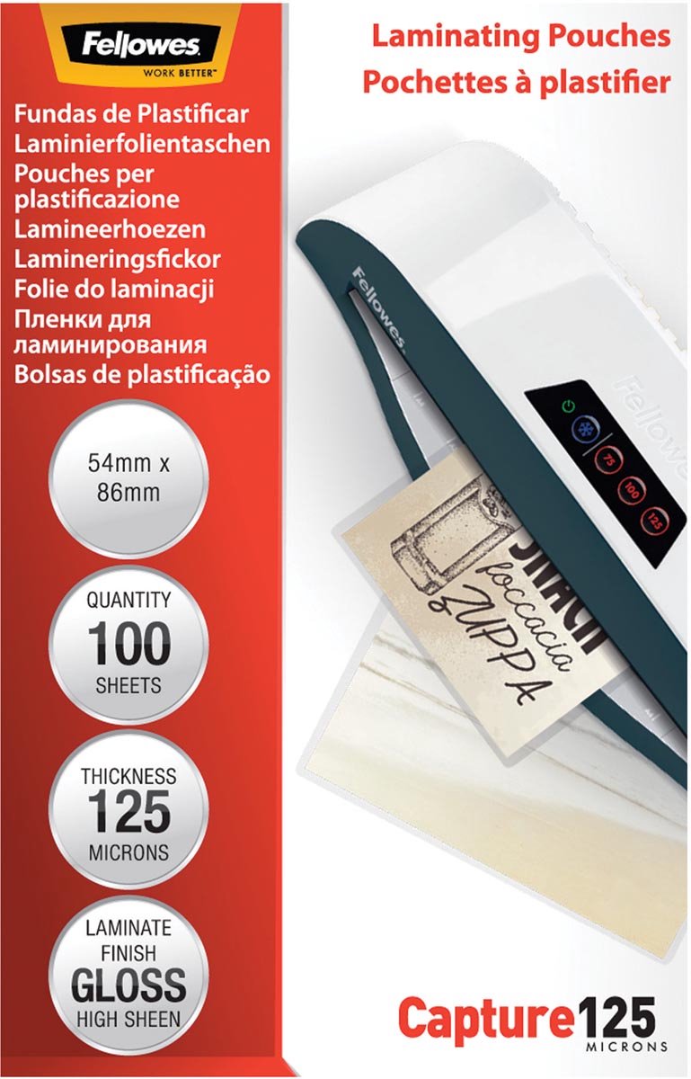 Pochettes de plastification Fellowes - 54x86 mm - brillantes - 125 microns - 100 pièces