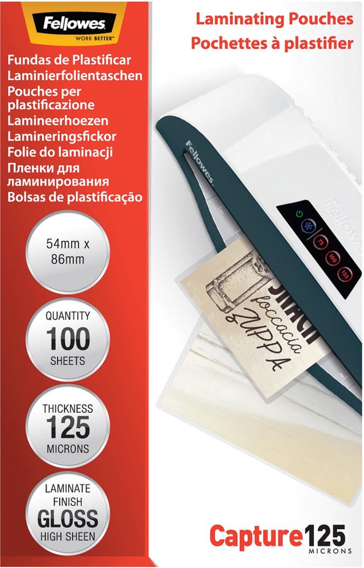 Pochettes de plastification Fellowes - 54x86 mm - brillantes - 125 microns - 100 pièces