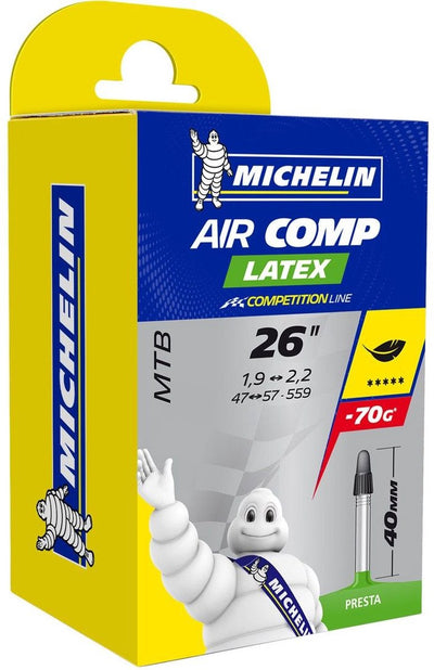Chambre à air Michelin 26” – aircomp latex c4 – valve française (presta) – longueur de valve : 40mm – taille etrto : 47 57-559
