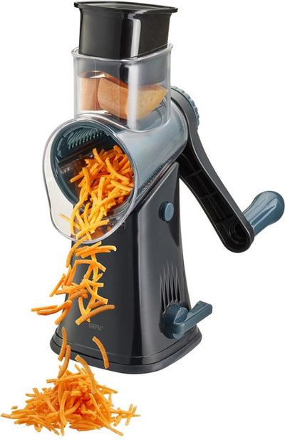 Râpe à tambour clic Gefu – 5 tambours interchangeables – Râpe à légumes, fromage et noix – Ventouse antidérapante