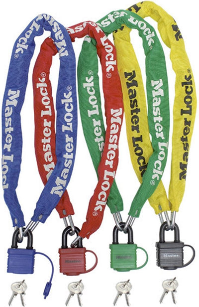 Chaîne acier Masterlock 90cm x ø 6mm - cadenas 40mm avec 2 clés pochette nylon - couleur