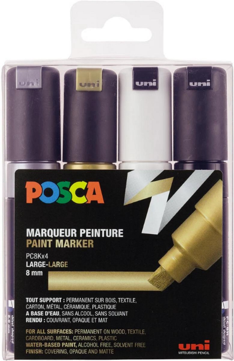 Set de marqueurs Posca 8k blanc noir or argent