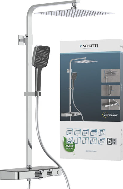 Système de douche Schütte Ocean - douche à effet pluie - avec robinet de douche thermostatique - étagère en verre intégrée - avec inverseur à bouton-poussoir - entraxe 150 mm - chrome anthracite