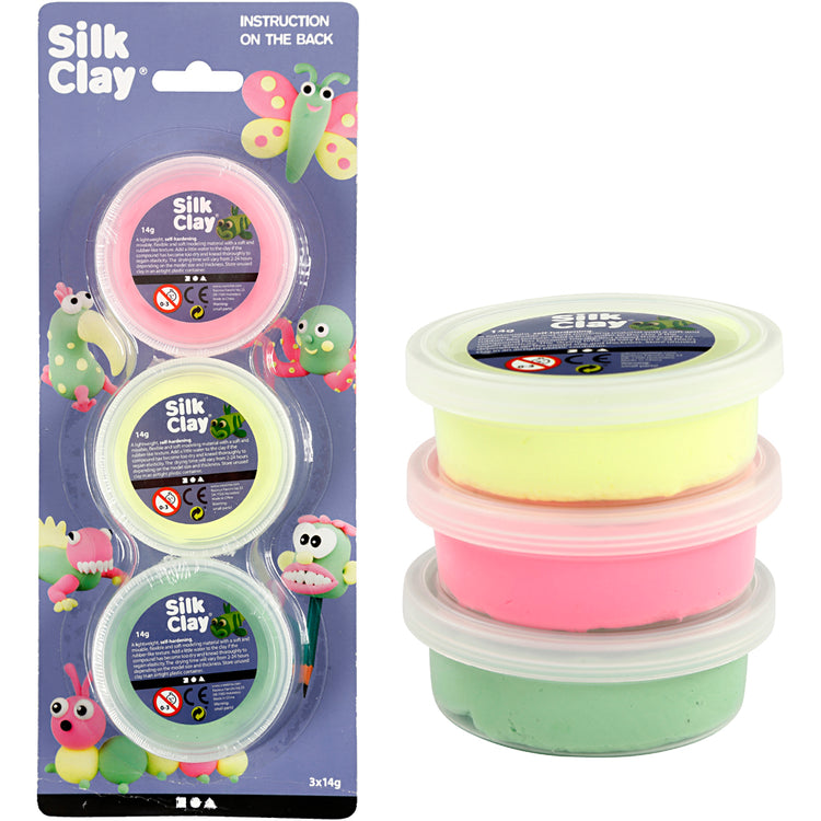 Silk Clay ®, vert clair, rose fluo, jaune fluo, 3x14 gr 1 boîte