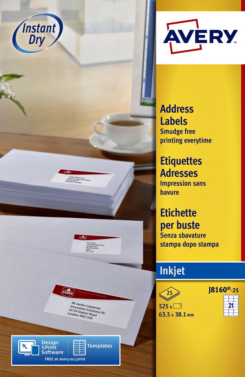 Etiquette d'adresse Avery blanche - jet d'encre - réf j816-10
