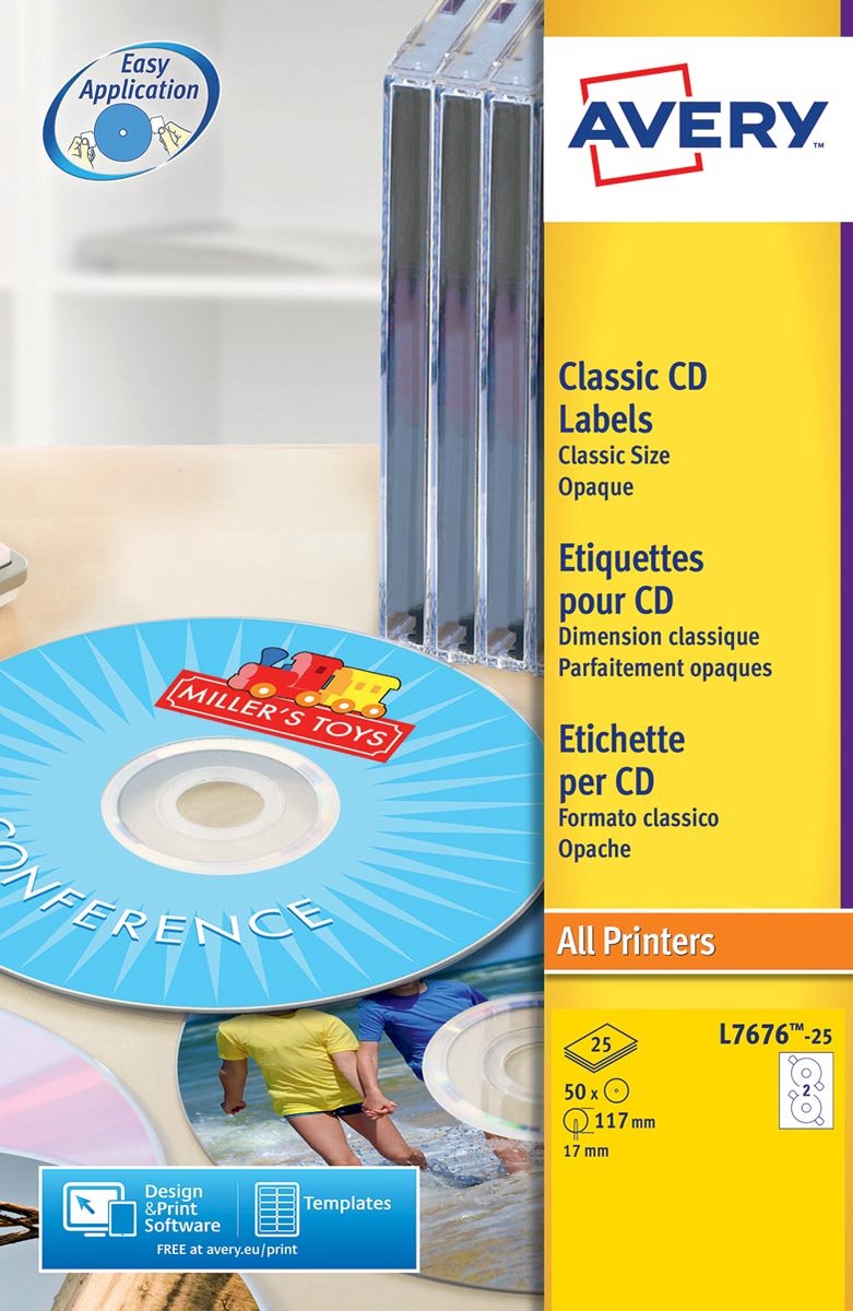 Etiquettes CD sans marque Avery, blanches, ø 117,0 mm, adhésif permanent