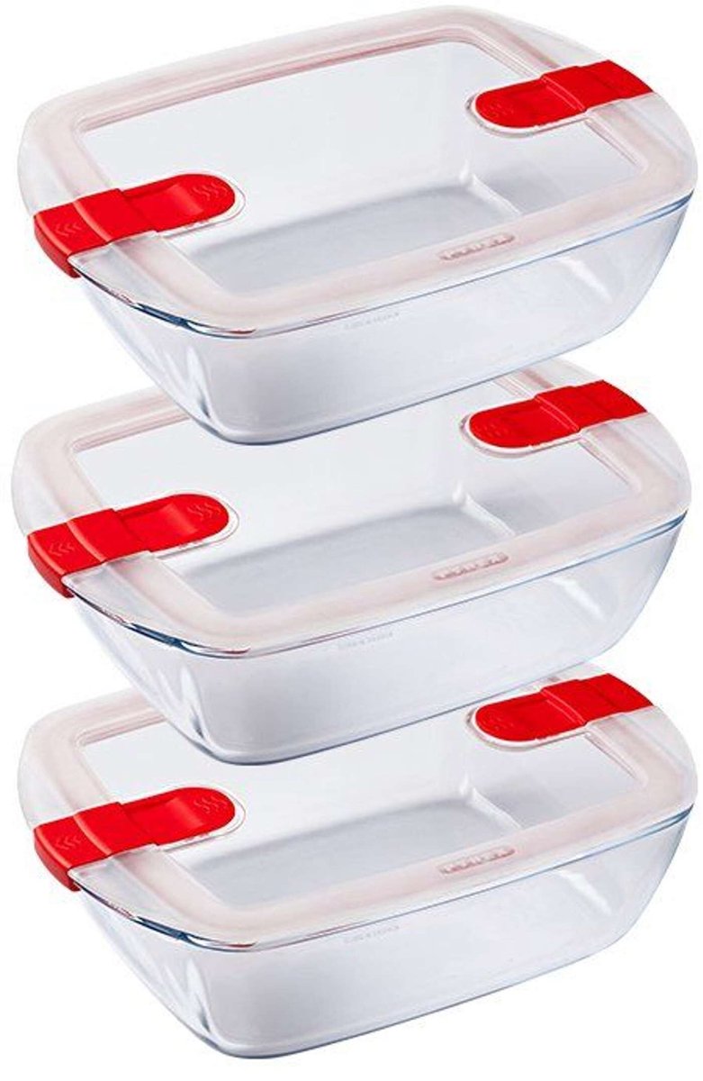 Pyrex - bol chauffant de cuisson 1,1 litre rectangle lot de 3 pièces - rouge transparent