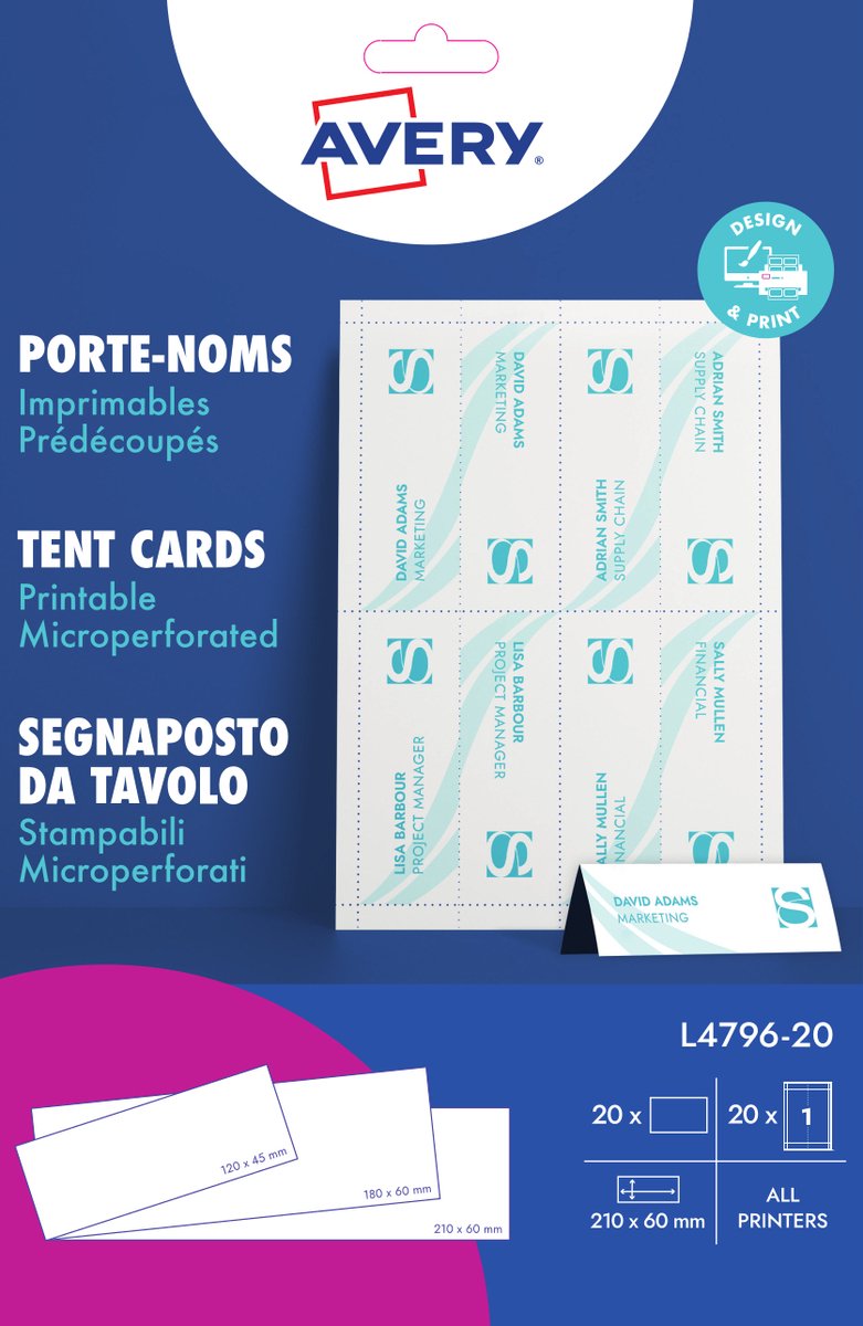 Cartes de visite imprimables sans marque Avery sans marque 20 feuilles 20 pièces (taille 210 x 60 mm)