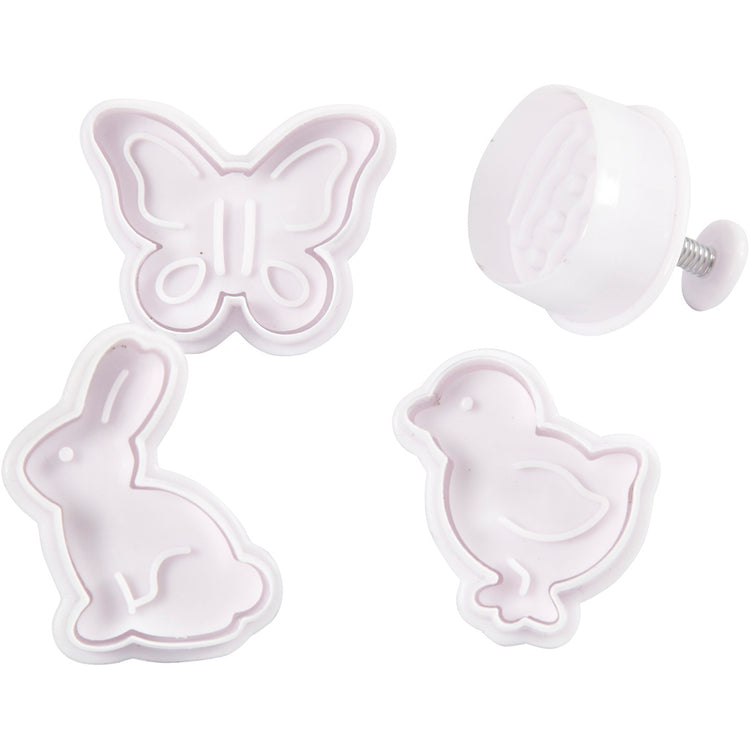 Emporte-pièces Creativ company avec tampon, œuf de Pâques, lièvre, poule, papillon, h : 5 cm, blanc, 4 pièces 1 boîte