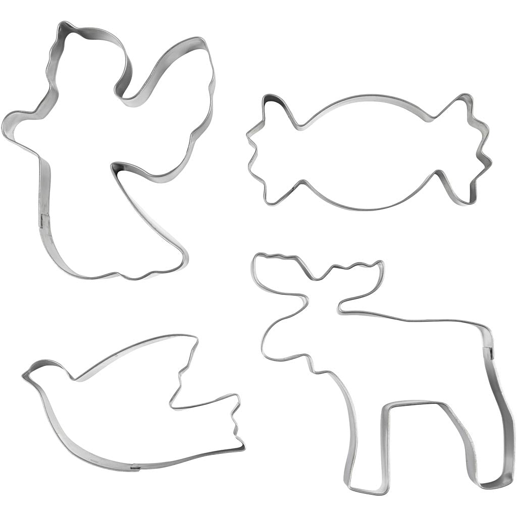 Emporte-pièces Creativ company, ange, renne, colombe, bonbon, h : 2 cm, dim. 4,5-9 cm, argent métallisé, 4 pièces 1 boîte