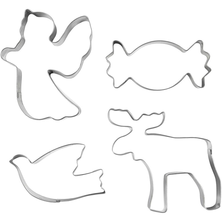 Emporte-pièces Creativ company, ange, renne, colombe, bonbon, h : 2 cm, dim. 4,5-9 cm, argent métallisé, 4 pièces 1 boîte