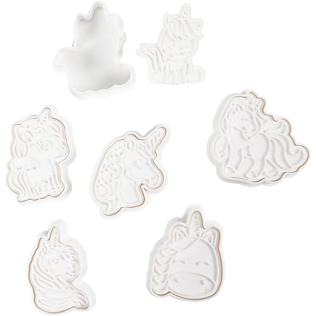 Creativ company emporte-pièces avec tampon, licorne, taille 6-7,5 cm, blanc, 6 pièces 1 boîte