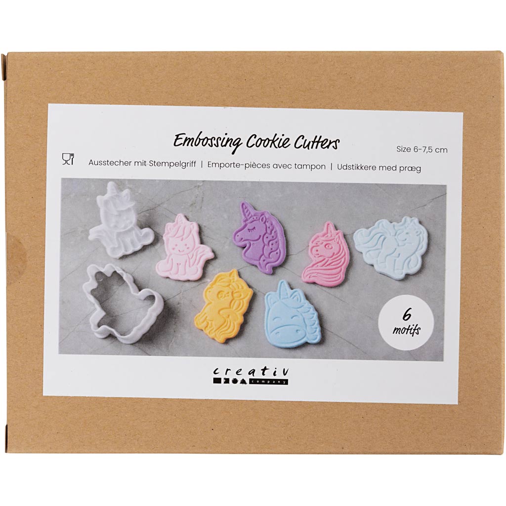 Creativ company emporte-pièces avec tampon, licorne, taille 6-7,5 cm, blanc, 6 pièces 1 boîte