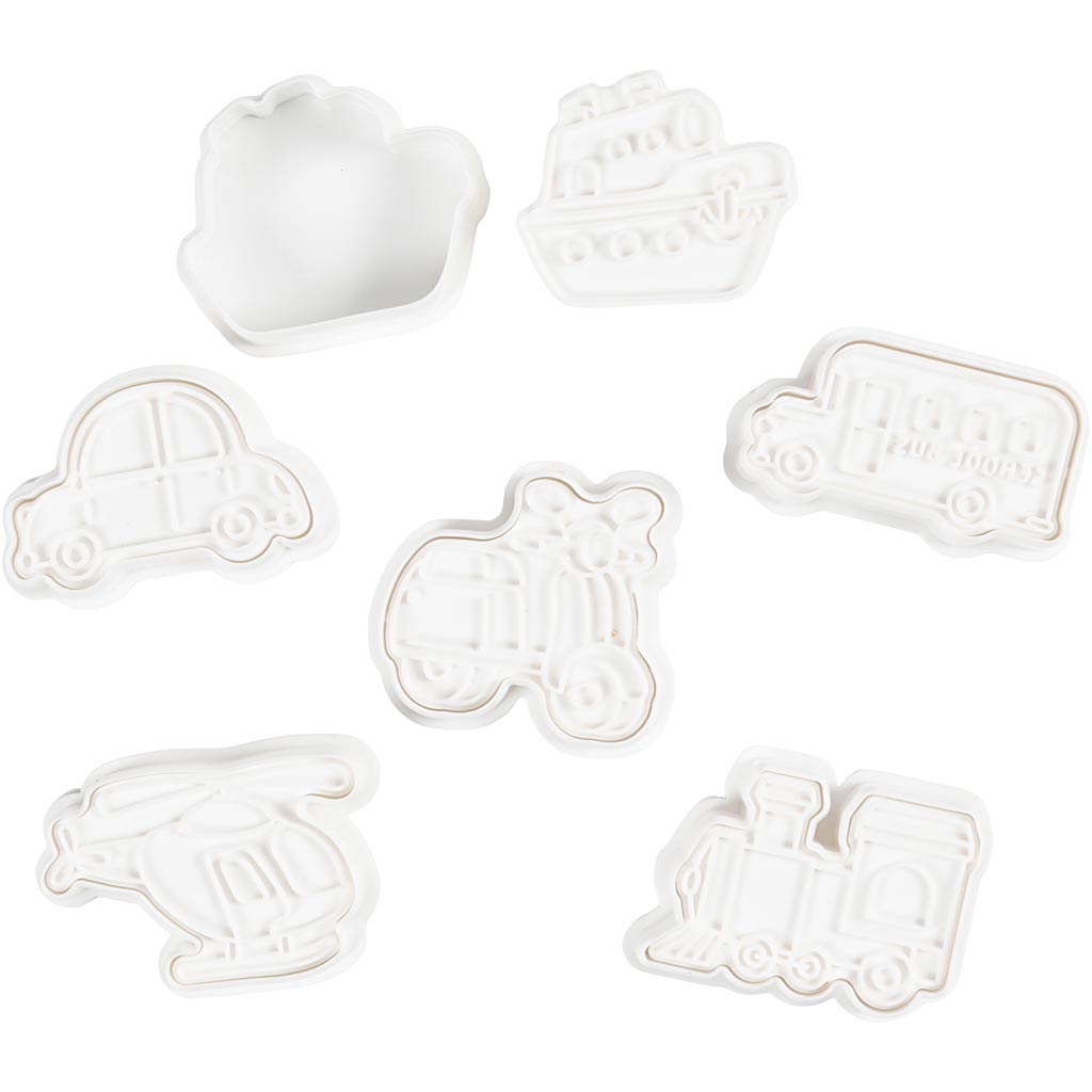 Emporte-pièces Creativ company avec tampon, transport, taille 3,5-5,5 cm, blanc, 6 pièces 1 boîte