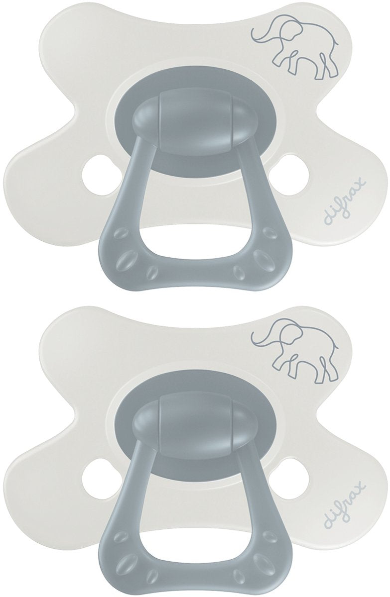 Sucette naturelle Difrax - 6 à 12 mois - éléphant - imprimé éléphant gris - 2 pièces