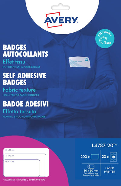 Etiquette badge Avery 50x80mm np 20 feuilles 10 étiquettes par feuille blanc bleu