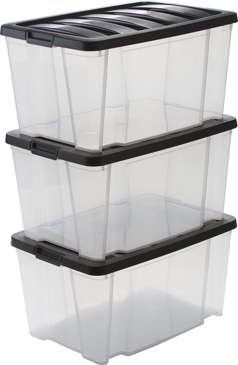 Boîte de rangement Iris handlebox - 45l - plastique - noir transparent - lot de 3
