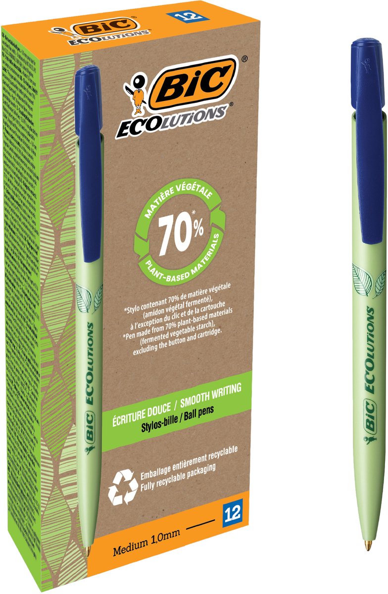Stylo bille Bic ecolutions media clic biosourcé moyen bleu | 12 pièces