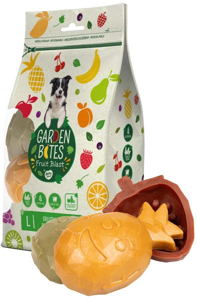 Duvo plus garden bites - fruity buddies dog snacks - friandises pour chiens - végétarien sans gluten - grand 3pcs
