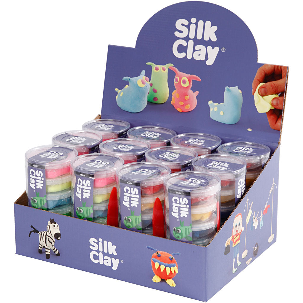 Silk Clay ®, couleurs fluo, couleurs standards, 12 sets 1 boîte