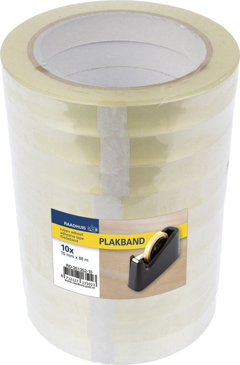 Ruban adhésif pour maison municipale - 15 mm x 66 m - pp - transparent - rétractable à 10 rouleaux - rd-351352-10