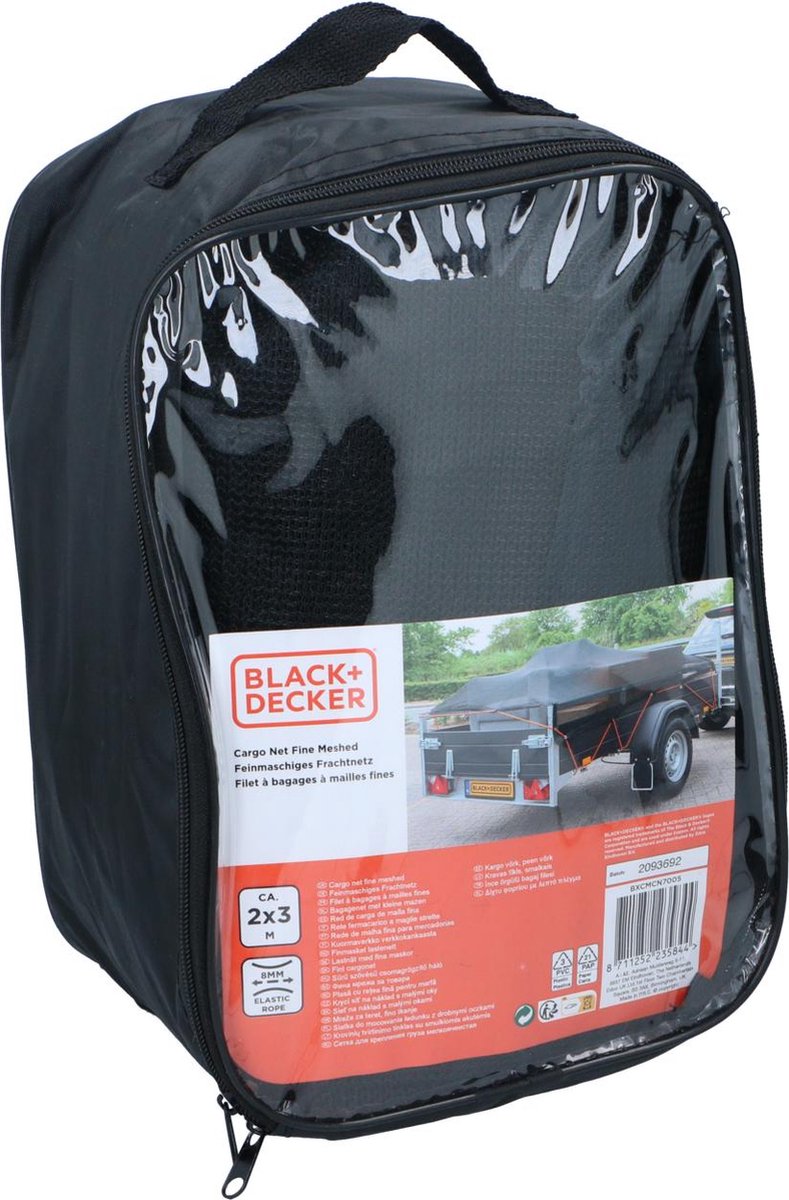 Filet de remorque Black+decker - 2 x 3 m - élastique extensible 8 mm - dans sac de rangement - noir