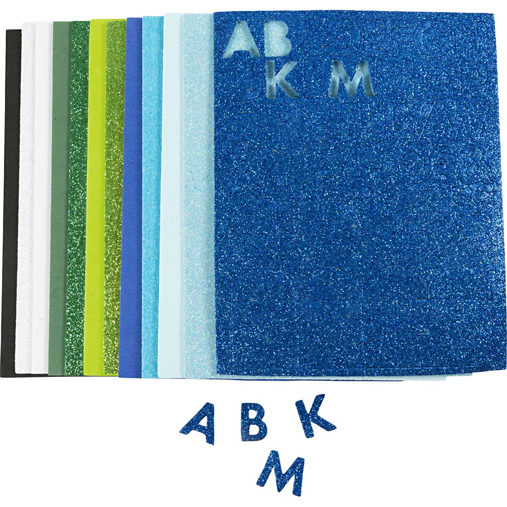 Feuilles de mousse Creativ company, format 14x25 cm, épaisseur 2 mm, harmonie bleu vert, 12 feuilles 1 boîte