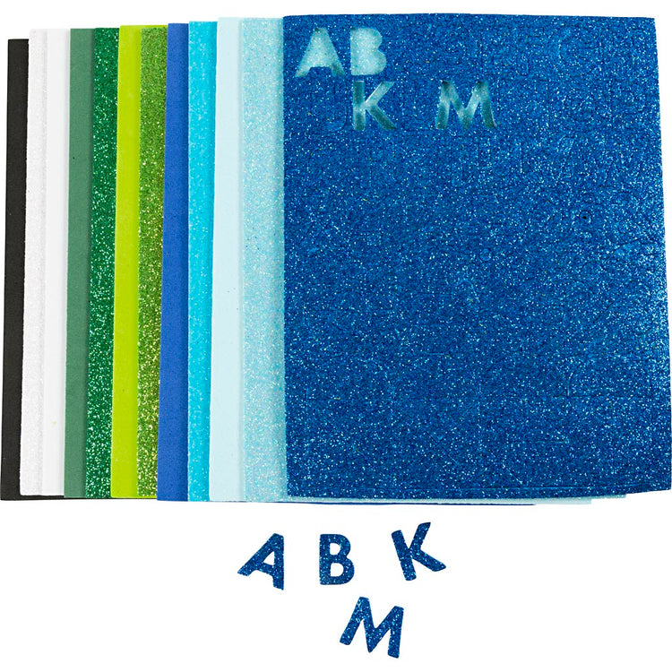 Feuilles de mousse Creativ company, format 14x25 cm, épaisseur 2 mm, harmonie bleu vert, 12 feuilles 1 boîte