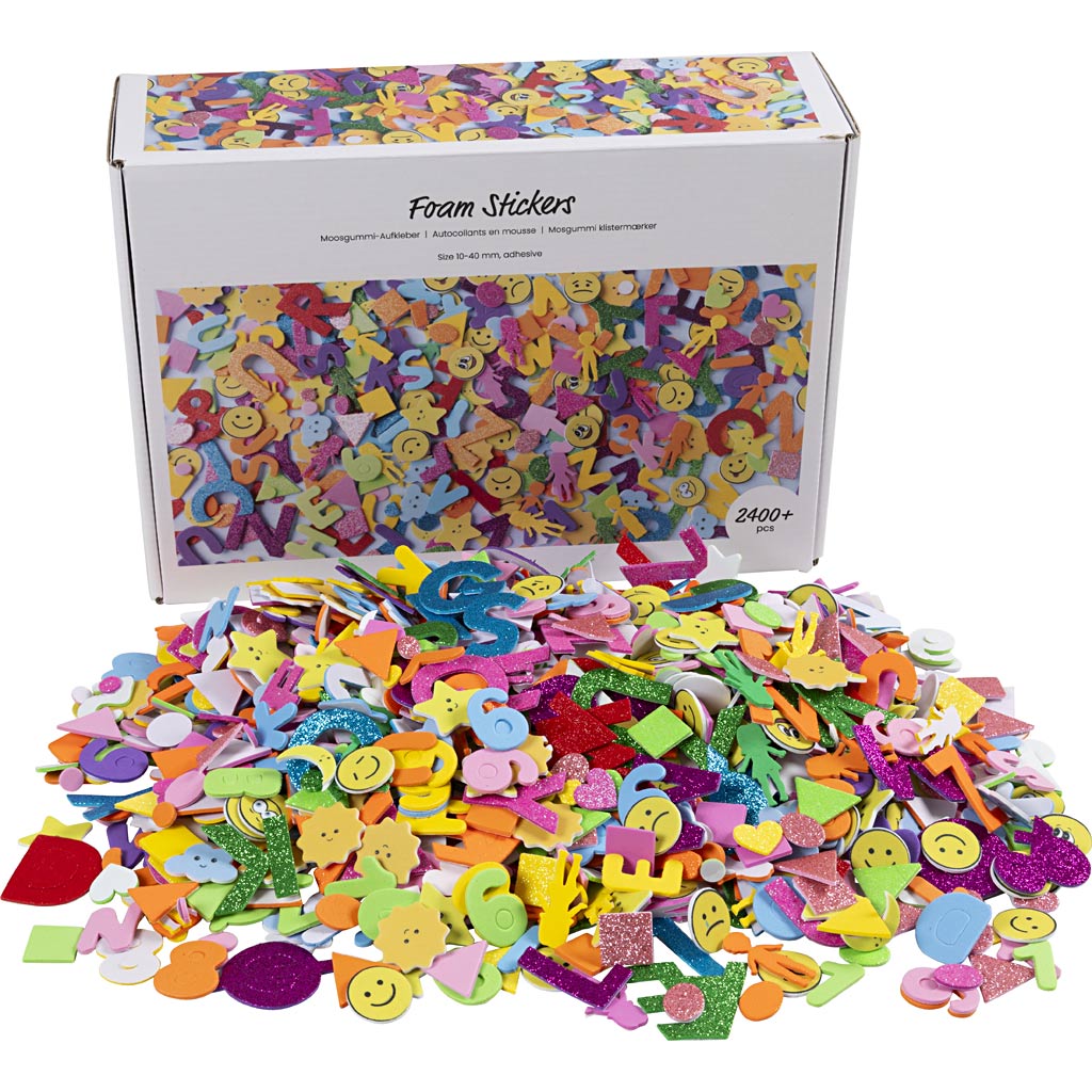 Creativ company Autocollants en mousse, émojis, formes géométriques, lettres et chiffres, autocollants, taille 10-40 mm, env. 2460 div, différentes couleurs, 2640 pièces 1 boîte