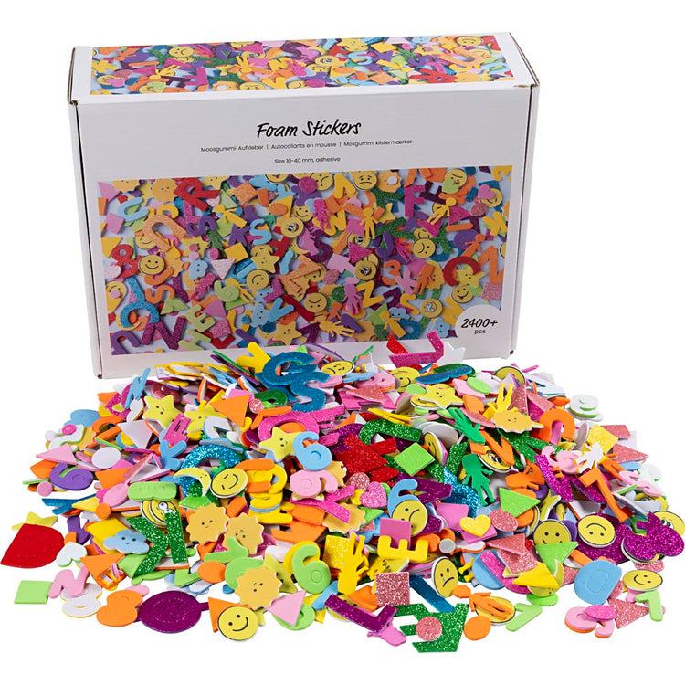 Creativ company Autocollants en mousse, émojis, formes géométriques, lettres et chiffres, autocollants, taille 10-40 mm, env. 2460 div, différentes couleurs, 2640 pièces 1 boîte