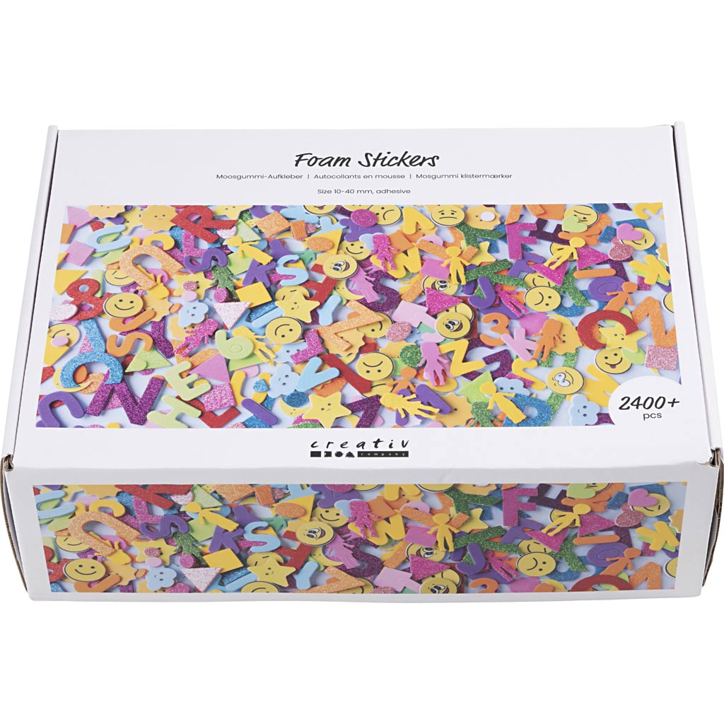 Creativ company Autocollants en mousse, émojis, formes géométriques, lettres et chiffres, autocollants, taille 10-40 mm, env. 2460 div, différentes couleurs, 2640 pièces 1 boîte