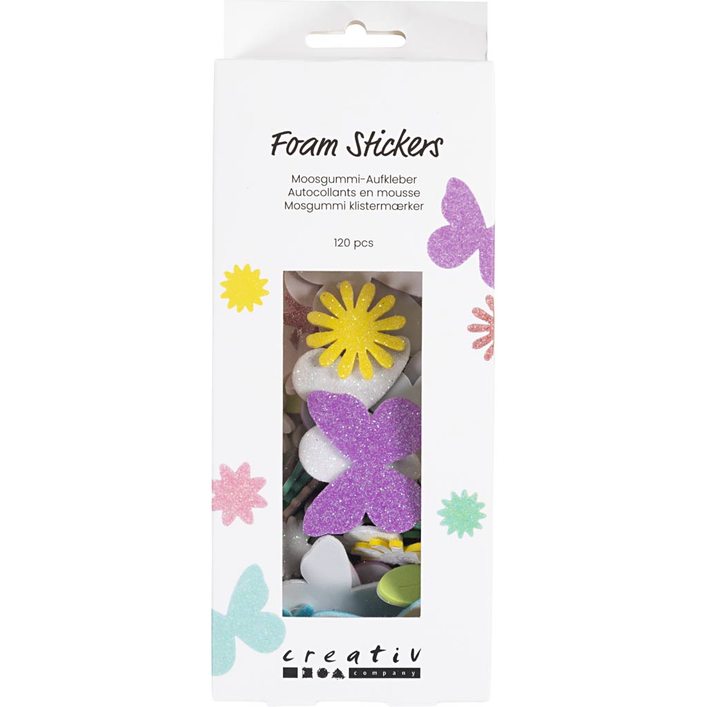 Creativ company autocollants en mousse, papillon, fleur, feuille, autocollants, taille 9-43 mm, couleurs pastel, 120 pièces 1 boîte