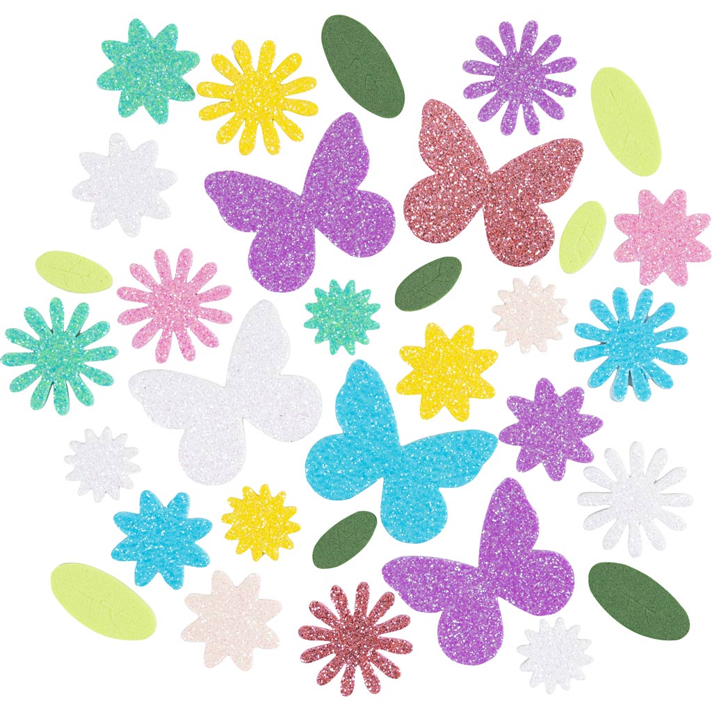 Creativ company autocollants en mousse, papillon, fleur, feuille, autocollants, taille 9-43 mm, couleurs pastel, 120 pièces 1 boîte