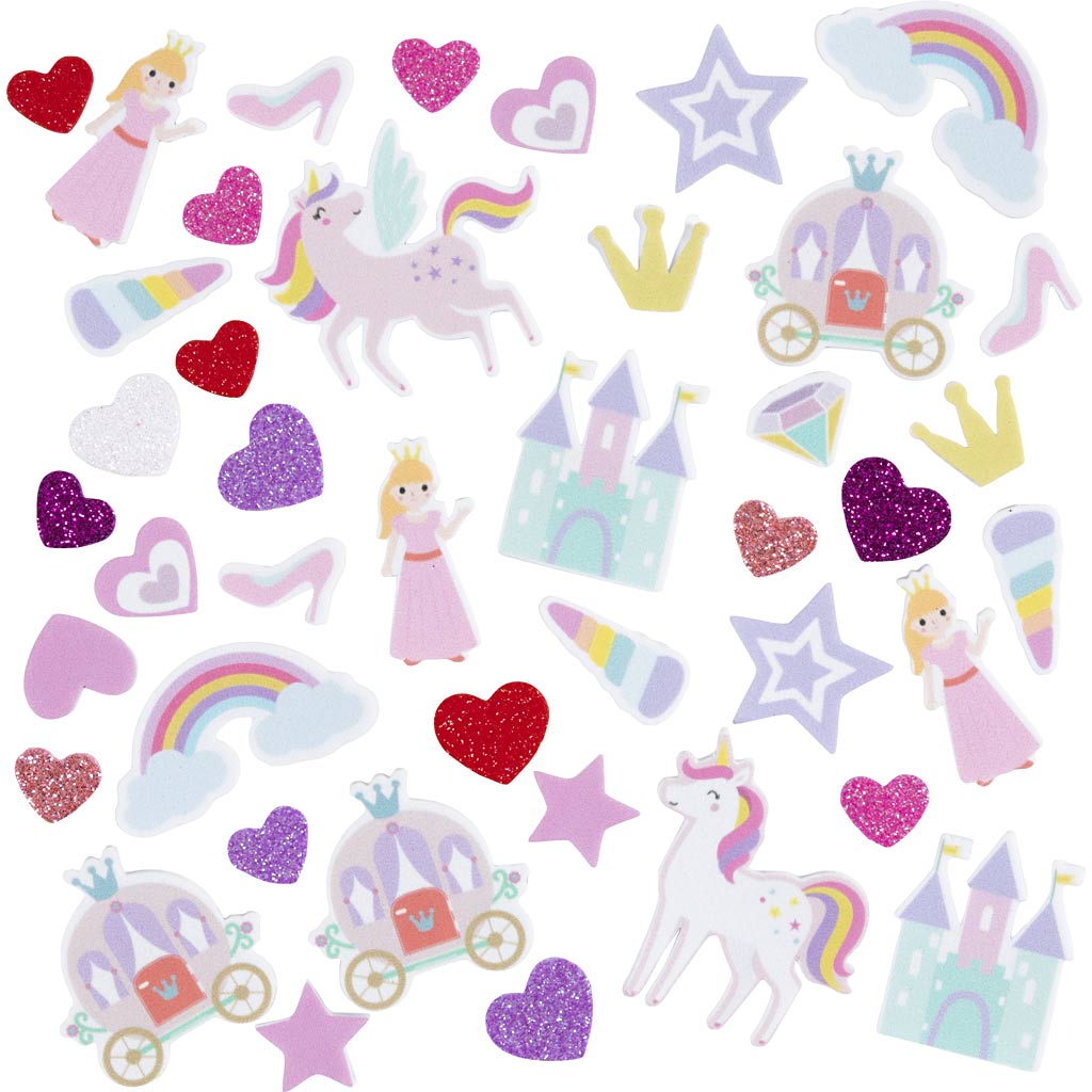 Creativ company Autocollants en mousse coeur, princesse, licorne, autocollants, taille 13-50 mm, harmonie rose violet, 150 pièces 1 boîte