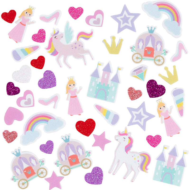 Creativ company Autocollants en mousse coeur, princesse, licorne, autocollants, taille 13-50 mm, harmonie rose violet, 150 pièces 1 boîte