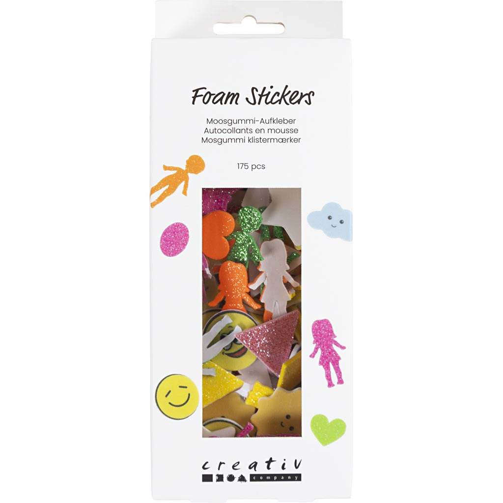 Creativ company Autocollants en mousse, géométrie, personnes, météo, smileys, autocollants, taille 10-40 mm, colorés, 175 pièces 1 boîte